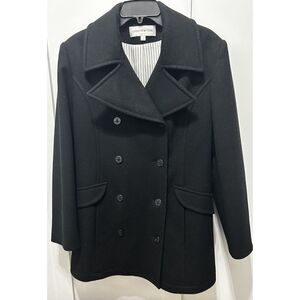 Jones New York Black Double Breast Peacoat 10 Made In USA Staple 100%‎ Wool